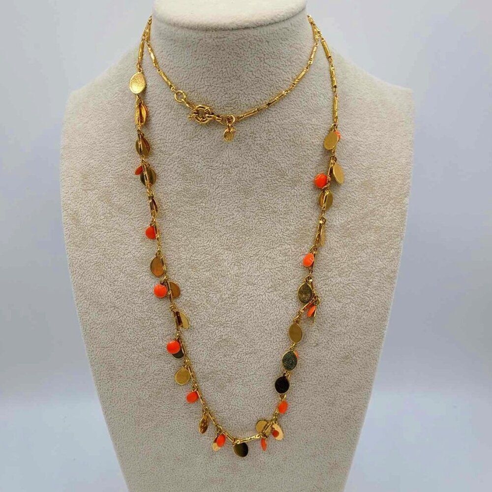 J Crew Long Orange and Gold Tone Small Discs Necklace NWOT!
